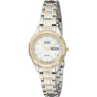 西铁城(CITIZEN)女士石英手表两 tone不锈钢腕表白盘日历防水运动时尚商务手表