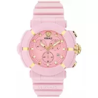 范思哲(Versace)瑞士三眼石英男表45mm粉色陶瓷运动腕表防水防刮男士商务休闲表