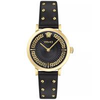 范思哲(Versace)瑞士石英女表35mm金色表壳黑皮带奢华时尚经典商务防水表