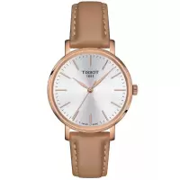天梭(TISSOT)女士瑞士石英手表玫瑰金表壳真皮表带白色防水34mm