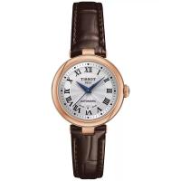天梭(TISSOT)女士机械表玫瑰金PVD镀层不锈钢表壳皮质表带防水防刮白盘