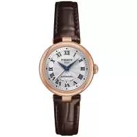 天梭(TISSOT)女士机械表玫瑰金PVD镀层不锈钢表壳皮质表带防水防刮白盘