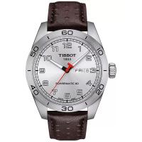 天梭(TISSOT)瑞士自动机械表男表银色日历窗不锈钢表壳棕色打孔皮带防水100米