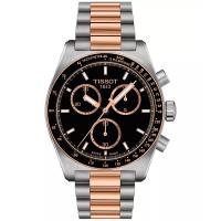天梭(TISSOT)男士瑞士自动机械计时腕表41mm黑盘两 tone不锈钢表带