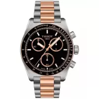 天梭(TISSOT)男士瑞士自动机械计时腕表41mm黑盘两 tone不锈钢表带