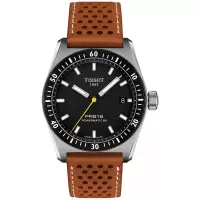 天梭(TISSOT)瑞士自动机械表男表38mm黑盘日历窗精钢蓝宝石镜面棕色皮带
