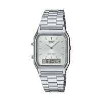 卡西欧(CASIO)石英表多功能双显银色不锈钢表壳休闲商务防水防震计时功能银色表带