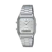 卡西欧(CASIO)石英表多功能双显银色不锈钢表壳休闲商务防水防震计时功能银色表带