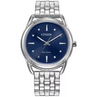 西铁城(CITIZEN)光动能三眼石英女款经典不锈钢腕表深蓝商务防水女士手表