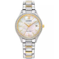 西铁城(CITIZEN)光动能女款三眼石英手表34mm母贝表盘两-tone不锈钢表带