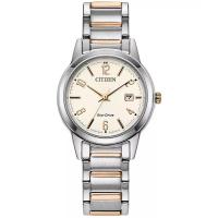 西铁城(CITIZEN)光动能女士玫瑰金不锈钢腕表29mm石英表 ivory色三眼日期窗
