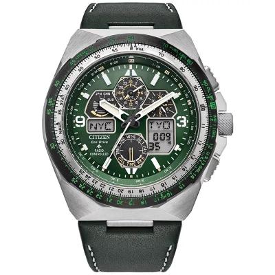西铁城(CITIZEN)光动能男士多功能石英腕表46mm防水防震计时码表绿皮表带