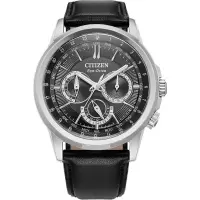 西铁城(CITIZEN)光动能商务经典日历手表黑皮表带黑盘男士防水多功能石英腕表