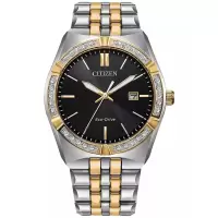 西铁城(CITIZEN)光动能男士腕表石英表40mm商务休闲防水防震不锈钢钻石男表