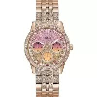 女士多功能玫瑰金不锈钢石英防水腕表