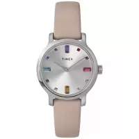 Timex 女士石英防水mm银色表盘粉皮表带休闲通勤腕表