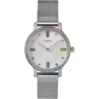 Timex 女士石英防水不锈钢 mesh 表带手表银色表盘彩虹镶钻