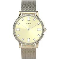 Timex 女士石英防水金 tone 表欧美简约气质商务金表带太阳纹金 dial手