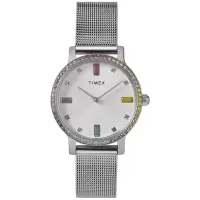 Timex 女款优雅银色阳光表盘腕表彩色水晶点缀时尚简约风尚