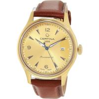 Certina男士机械表瑞士自动防水不锈钢表盘黄棕色皮革表带41毫米