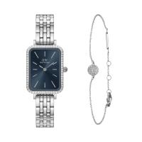 Daniel Wellington女士银色方形蓝盘镀金不锈钢链手表