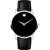 Movado男士经典石英表黑盘黑带30米防水奢华腕表