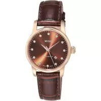 Mido优雅女士瑞士自动手表玫瑰金不锈钢表壳棕色皮革表带