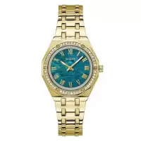 GUESS女士石英真皮表金色复古防水米蓝盘腕表