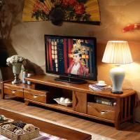 现代中式橡木电视柜组合 实木客厅家具 可伸缩橡胶木地柜储物柜定制