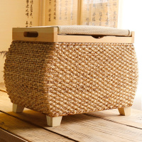 北欧藤收纳凳可储物换鞋凳子整理箱藤编沙发凳化妆凳可坐人搁脚凳定制 原色鼓型凳水仙藤实木凳口