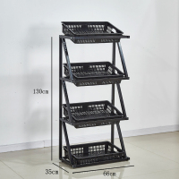 超市水果蔬菜货架展示架创意多层菜架便利店果蔬架小零食货架定制 单排四层黑方格筐加厚