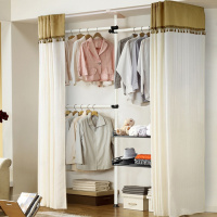 衣架落地卧室开放式简易衣帽间置物架子组装衣柜衣帽架挂定制 三立三横两托盘全轨米色帘