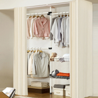 衣架落地卧室开放式简易衣帽间置物架子组装衣柜衣帽架挂定制 三立三横两网框全轨素色帘