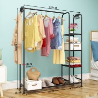多功能衣帽架落地卧室内收纳置物铁挂衣杆衣柜式家用折叠衣服架子定制 120cm-黑色四层[送8个衣帽挂钩]