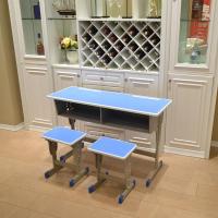 中小学生学校课桌椅儿童写字桌辅导班培训课桌家用单人成人学习桌定制 天蓝色-双人单柱桌+凳