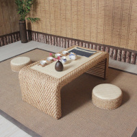 藤编日式小茶几榻榻米桌子禅意茶桌简约窗台矮桌阳台电脑飘窗桌定制 原色中号+2圆墩整装