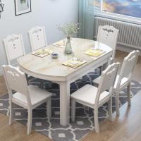 实木餐桌 可伸缩折叠大理石餐桌椅组合吃饭桌子饭桌钢化玻璃圆桌定制 白色1.2米(大理石桌面) 一桌八椅