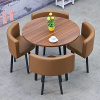 简约接待桌椅组合4人休闲洽谈小圆桌店铺会客售楼办公方餐桌北欧定制 圆胡桃棕色皮椅 默认尺寸