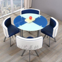 简约办公接待会客洽谈桌椅组合钢化玻璃一桌四椅圆形餐桌奶茶店铺定制 圆兰白内兰 默认尺寸