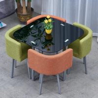 简约办公接待会客洽谈桌椅组合钢化玻璃一桌四椅圆形餐桌奶茶店铺定制 方黑橙绿布 默认尺寸