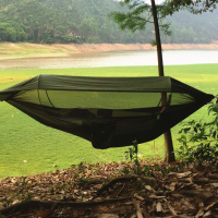 吊床可折叠带蚊帐防晒带遮太阳布天幕户外野营降落伞面料速开秋千定制 250x120cm军绿