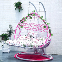 吊篮藤椅粗藤单双人阳台室内小摇篮椅子懒人家用网红秋千吊椅吊床定制 双杆双人玫红半白波浪脚踏