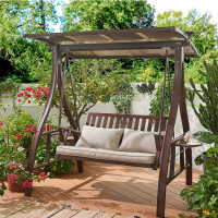 秋千户外庭院室外花园铝合金荡秋千吊椅藤椅家用摇椅吊床阳台秋千定制 双人位铝合金太阳能带灯秋千PVC防雨阳光板