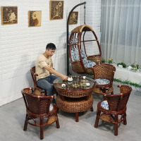 藤夫室外藤椅茶几三件套阳台桌椅休闲椅组合客厅腾椅子靠背椅家用定制 大茶几+4椅+吊篮【磨红色】原创正版