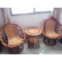 阳台藤椅三件套单人小腾椅子高靠背真藤竹编织休闲家用茶桌椅组合定制 扭藤转椅龙凤几三件套台面55直径