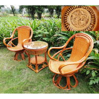 阳台藤椅三件套单人小腾椅子高靠背真藤竹编织休闲家用茶桌椅组合定制 高背旋转龙凤几三件套