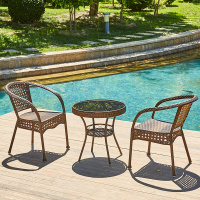 户外桌椅庭院阳台小茶几藤椅三件套户外藤编铁艺室外露天休闲组合定制 黑咖色2椅1桌（58cm圆）送坐垫