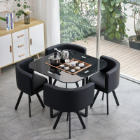 家用靠窗阳台玻璃桌休闲桌椅子网红简约茶具茶桌一桌四椅组合套装定制 全黑色含茶盘抽水烧水机