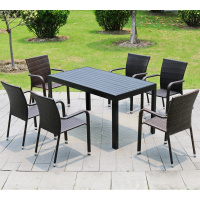 户外藤编桌椅带遮阳伞组合露台阳台室外庭院花园外摆休闲铁艺家具定制 一塑木长方桌六椅（无座垫）