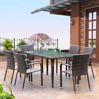 户外藤编桌椅带遮阳伞组合露台阳台室外庭院花园外摆休闲铁艺家具定制 一长方桌六椅(无座垫)